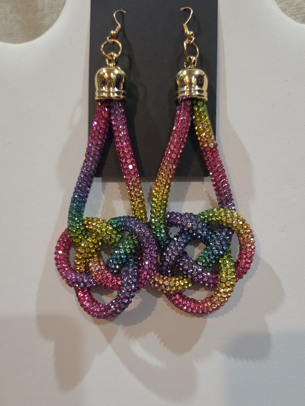 RAINBOW RHINESTONE KNOT DANGLE EARRINGS